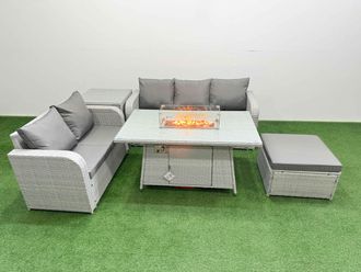 Fimous 6 Seater PE Rattan Wicker Garden Furniture Patio Conservatory Sofa Set w/ Firepit Dining Table 3 Seater Sofa Love Sofa Big Footstool Side