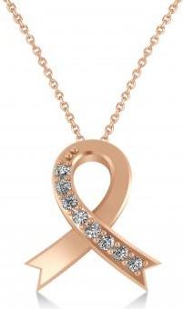 Allurez Diamond Awareness Ribbon Charm Pendant Necklace 14K Rose Gold (0.12ct)