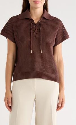 T Tahari Tie Neck Short Sleeve Open Stitch Sweater in Cocoa Bean at Nordstrom Rack, Size X-Large