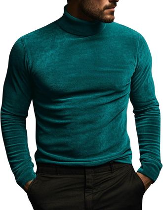 Generic Velvet Mock Neck Shirts for Men Long Sleeve Turtleneck Pullover Tops Warm Slim Fit Wedding Dance Party T-Shirts 2025(Green, S)