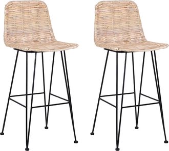 Beliani Beliani - Conjunto De 2 Sillas De Bar De Rat&aacute;n Natural Marco De Metal Negro R&uacute;stico Dise&ntilde;o Boho Cassita