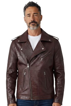 Infinity Leather Mens Brown Cow Leather Alligator Print Embossed Biker Jacket - Cologne