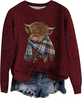 Generic Ladies Womens Christmas UK Knitted Pullover Womens Sweatshirts Cute Highland Cow Print Long Sleeve Sweater Casual Warm Fall Tunic Tops Fashion Clothes