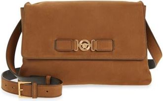 Versace Biggie Nubuck Leather Messenger Bag in Light Brown-Versace Gold at Nordstrom