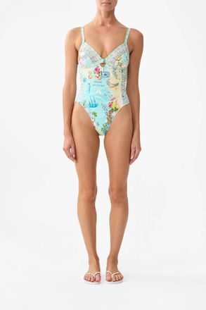 Camilla Knot Front Ruched Panelled Triangle One Piece In Just Coasting