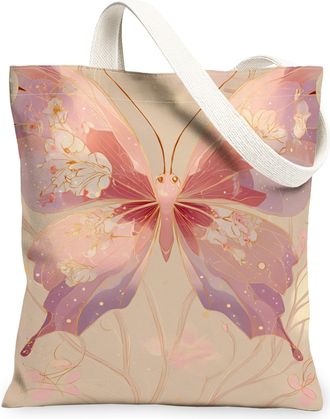 Generic Elegant Butterfly Canvas Tote Bags, Artistic Floral Pattern Reusable Grocery Bags, Lightweight Washable Shoulder Strap Canv, Peach, 13x15 Inch