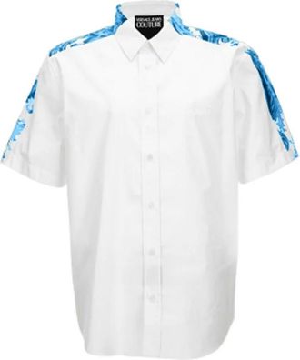 Versace Jeans Couture Printed Cotton-Poplin Shirt - Heren - Korte mouwen Overhemden - Wit - XS - Katoen - Overhemden
