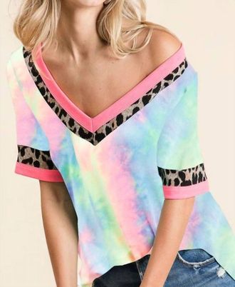 Bibi Chloe Tie Dye & Leopard Top In Multicolor