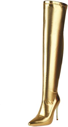 Generic Womens Sexy High Heel Over The Knee Boots Pointed Toe Thigh High Boot with Zipper PU Leather Party Prom Shoes,Gold,6.5 UK