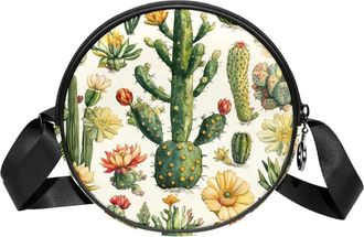 Generic Circle Crossbody Bag for Women, Colorful Desert Cacti Small Sling Bag Daypack with Zipper Adjustable Shoulder Straps Casual Ladies Girls Round Purse