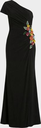 Mac Duggal Beaded Floral Applique One-Shoulder Jersey Gown