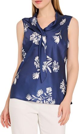 Tahari by ASL Floral Sailor Tie Sleeveless Top in Navy Ivory at Nordstrom, Size X-Large P
