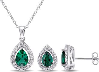 Amour 3 1/5 CT TGW Created Emerald and Created White Sapphire Teardrop Halo Pendant with Chain and Stud Earrings Set In Sterling Silver