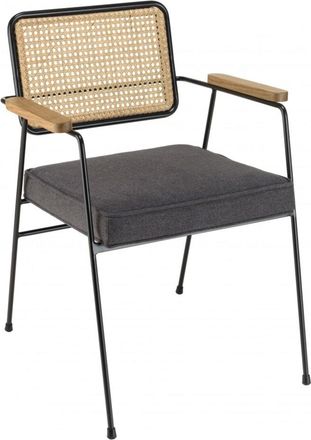 Macabane Sillón de metal negro y tela gris oscuro con respaldo de ratán