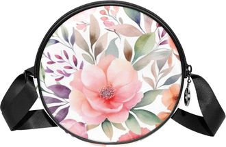 Generic Circle Crossbody Bag for Women, Floral Leaves Small Sling Bag Daypack with Zipper Adjustable Shoulder Straps Casual Ladies Girls Round Purse