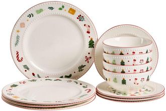 Beliani Vajilla De 12 Piezas De Porcelana Hecha A Mano Con Acabado De Esmalte Reactivo Motivo Navidad Blanco Saffron