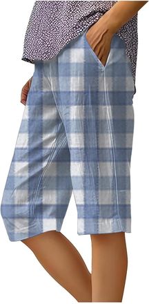 Generic Womens Shorts Linen Shorts for Women UK Soft Cute Checked Summer Casual Beach Bermuda Long Short Ladies Boho Travel Wide Leg Knee Length Capri Pants L