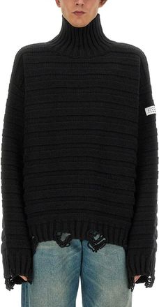 Maison Margiela High Neck Textured Knit Sweater With Distressed Details