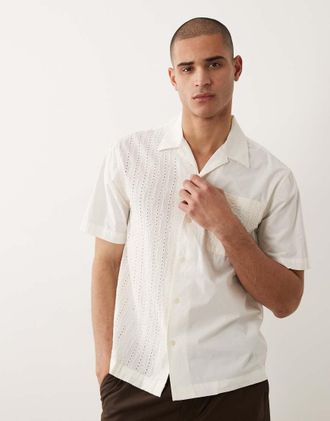 Selected Camicia a maniche corte in pizzo color crema-Bianco