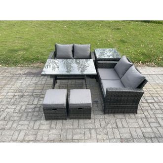 Fimous Garden Furniture Sets 6 Pieces Wicker Rattan Furniture Manual Wicker Patio Sofa Patio Conversation Set with Side Table 2 Small Footstools Dark Grey