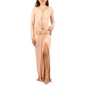 Elisabetta Franchi Gowns, female, Beige, Size: M Abito Donna Elisabetta Franchi