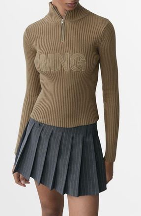 Mango Perkins Logo Half Zip Sweater in Khaki at Nordstrom, Size X-Small
