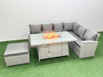 Fimous 7 Seat Rattan Garden Furniture Corner Sofa Set Gas Firepit Table Sets in Light Grey