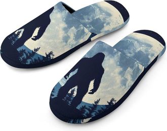 Generic Bigfoot Silhouette Moon Flannel Mens Slip-on Slippers Winter Warm House Shoes with Rubber Sole for Home Hotel