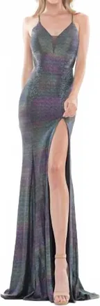 Colors Dress Long Spaghetti Strap Metallic Prom Gown In Turquoise Multi