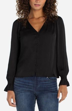 Liverpool L.A. Smocked Cuff Button-Up Shirt in Black at Nordstrom, Size X-Large P