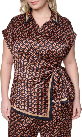 Karl Lagerfeld Tie Waist Satin Top in Midnight Navy/sienna at Nordstrom, Size 0X