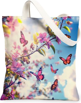 Generic Spring Plum Bossoms Flower Canvas Tote Bag for Shopping 13x15, Floral Garden Landscape Reusable Grocery Print Pattern Bag for Women Men, Butterflies A