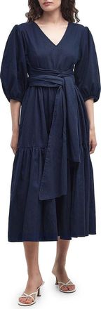 Barbour Annie Puff Sleeve Linen & Cotton Midi Dress in Navy at Nordstrom Rack, Size 10 Us / 14 Uk