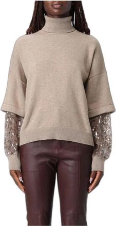 Brunello Cucinelli Turtleneck Trui met Paillettenmouwen - Dames - Cashmere truien - Bruin - S - Pailletten - Truien & Vesten