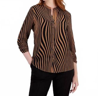 T Tahari Mixed-Stripe Mandarin Blouse In Hazel Soft