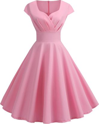Generic JIER Womens Short 1950s Vintage Cocktail Party Swing Dresses Ladies Retro A Line Rockabilly Cocktail Party Swing Dress (Pink,L)
