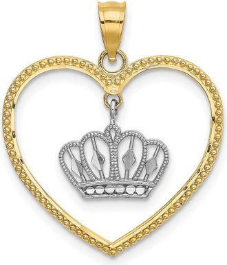Diamond2Deal 14k Yellow Gold White Rhodium Beaded Heart with Dangling Crown Charm Pendant