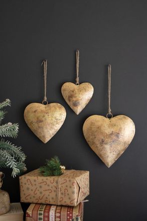 Kalalou Set Of Three Antique Gold Christmas Heart Door Hangers