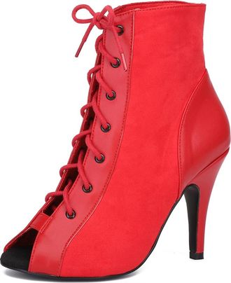 Minitoo Ladies Dance Shoes Latin Ballroom Boots Formal Party Evening Sandals L478 Red 8.5cm Heel UK 2