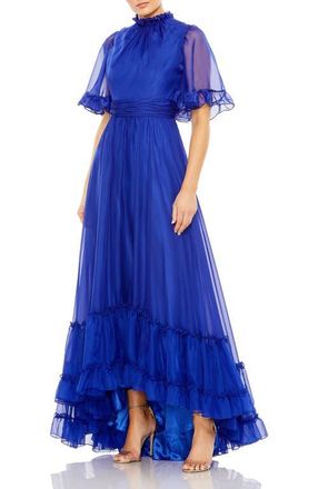 Mac Duggal Ruffled High Neck Flutter Sleeve High Low Hem Gown in Sapphire at Nordstrom, Size 18
