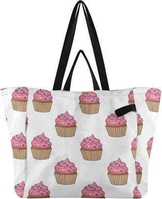Generic Cupcakes White print Reusable Canvas Tote Bag, Heavy Duty Grocery Shopping Bag with Hard Bottom Large Capacity Double Handles Work Groceries Travel