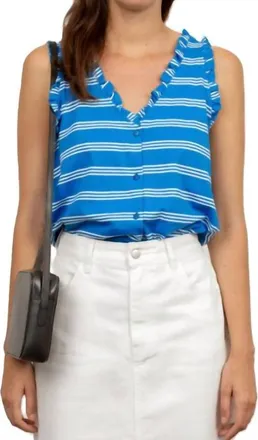 The Tiny Big Sister Frilled Sleeveless Top In Stripes Lapis/off-White