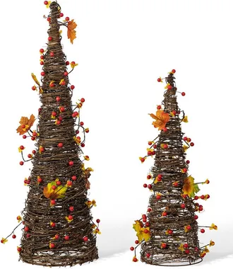 Glitzhome Set of 2 Fall Ratten Berries Maple Leaves Table Tree in Orange at Nordstrom, Size Medium