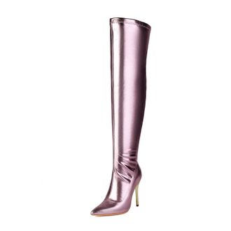 Generic Womens Sexy High Heel Over The Knee Boots Pointed Toe Thigh High Boot with Zipper PU Leather Party Prom Shoes,Purple,2.5 UK