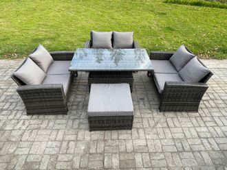 Fimous 7 Seater Rattan Wicker Garden Furniture Patio Conservatory Sofa Set with Height Adjustable Rising Lifting Table Big Footstool in Dark Grey