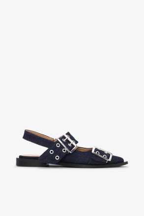 Ganni Blue Denim Feminine Buckle Ballerinas - Size 36 Recycled Cotton