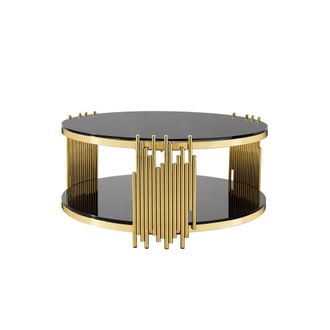Urban Meuble Mesa de centro redonda de cristal negro y acero dorado, Negro