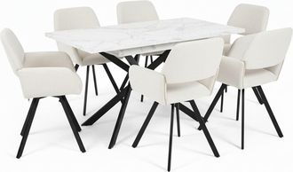Urban Meuble Mesa de comedor efecto m&aacute;rmol blanco con 6 sillas de tela beige