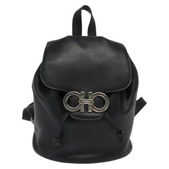Ferragamo Gancini Flap Drawstring Backpack Leather Black Leather Backpack Bag (Pre-Owned)