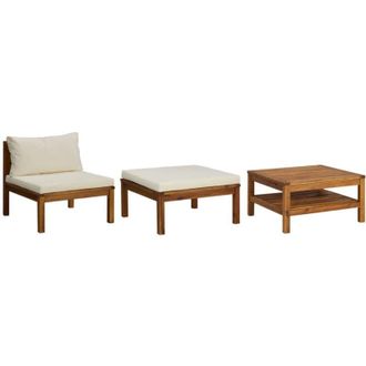 vidaXL 3 Pcs Conj. Jardim Lounge Con Cojines Blancos Nata Acacia